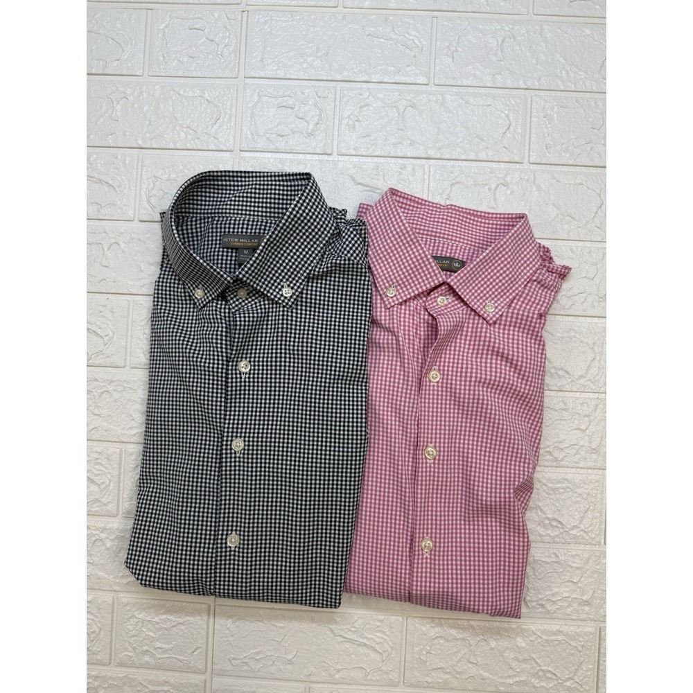 Peter Millar Summer Comfort Check Button Down Shirt Mens M 2 Pack Black Pink
